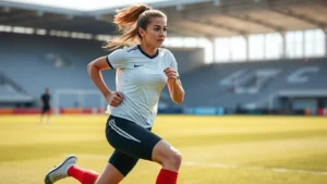 Athletic female footballer performing high-intensity sprint training on grass field, dynamic motion capture mid-stride, professional stadium background, bright daylight, focused expression, professional sports photography