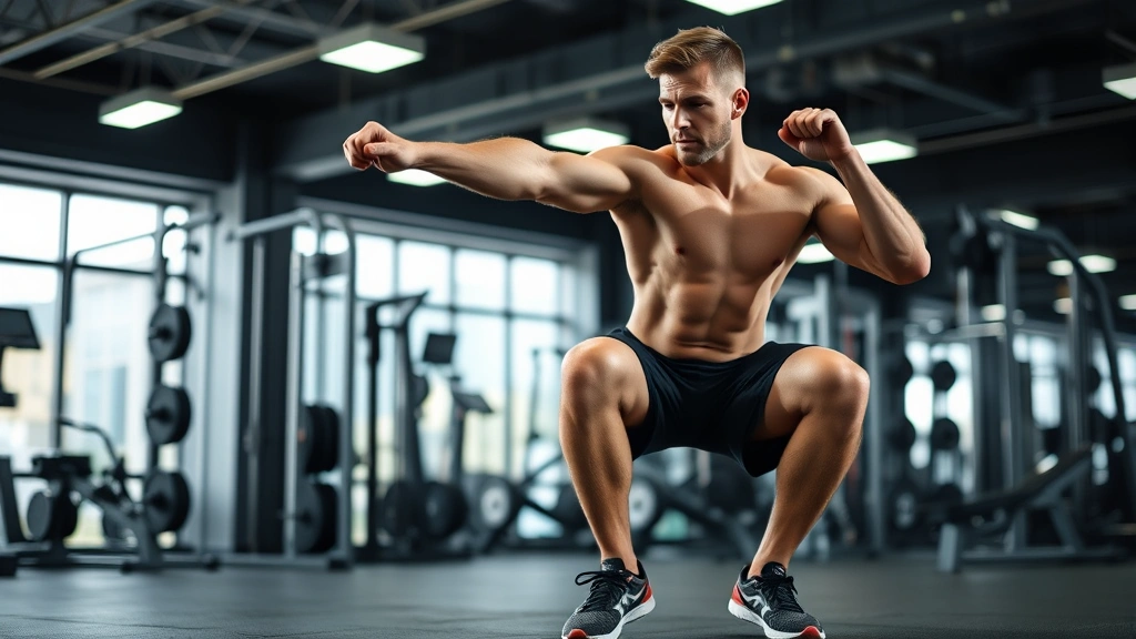 Male athlete executing explosive single-leg squat exercise in modern gym facility, demonstrating strength and balance, proper form emphasized, gym equipment blurred background, professional fitness photography