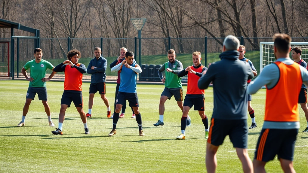 Team of footballers performing dynamic warm-up stretches and mobility drills on training pitch, diverse group, professional coaching demonstration, natural daylight, motivational team atmosphere, high-quality sports photography