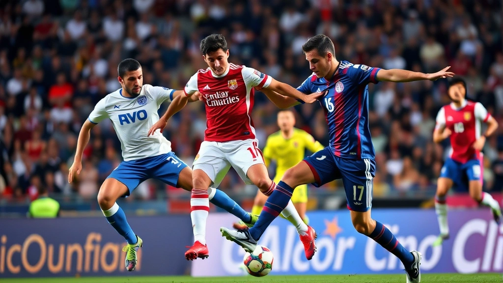 Professional football players in intense midfield battle during international match, competitive athletic movement, dynamic action shot showing tactical positioning and player engagement