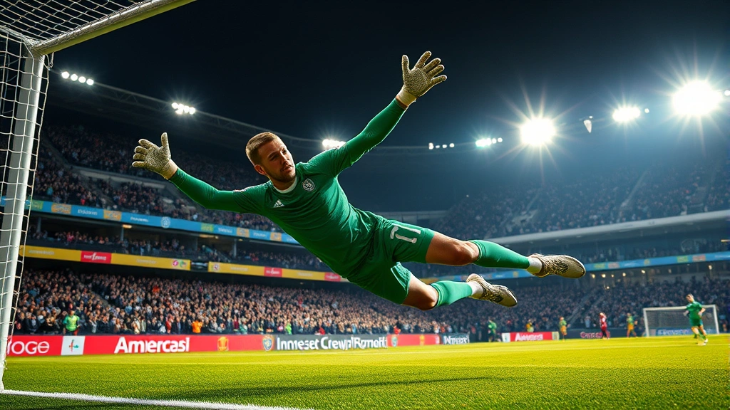 Elite goalkeeper making crucial diving save during international fixture, athletic acrobatic movement, professional stadium environment with dramatic lighting capturing goalkeeper excellence