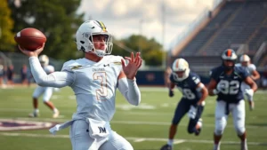 College football quarterback in white uniform throwing football during intense practice session with receivers running routes, outdoor field with stadium visible background, dynamic athletic motion, professional sports photography
