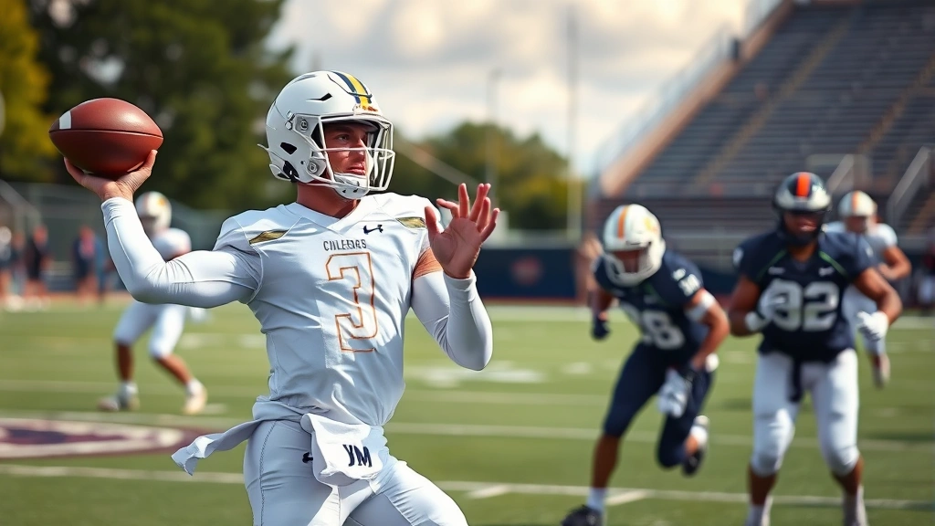 College football quarterback in white uniform throwing football during intense practice session with receivers running routes, outdoor field with stadium visible background, dynamic athletic motion, professional sports photography