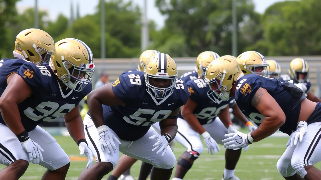 Notre Dame football team defensive line players in gold helmets executing gap responsibilities during defensive drill, multiple players demonstrating proper pad level and technique, action-focused sports photography with clear field visibility