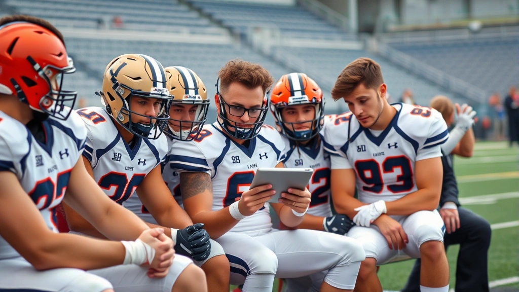 Diverse college football players in team uniform sitting on bench analyzing film on tablet device with coaching staff member, focused concentration, professional sports facility background, team collaboration moment