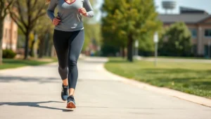Athletic woman power walking outdoors on a sunny day wearing athletic shoes and moisture-wicking clothes, smiling with confidence, natural campus-like background with trees and buildings slightly blurred