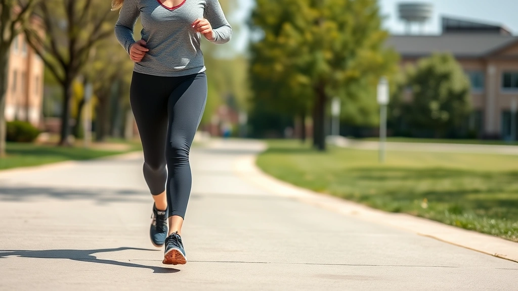 Athletic woman power walking outdoors on a sunny day wearing athletic shoes and moisture-wicking clothes, smiling with confidence, natural campus-like background with trees and buildings slightly blurred