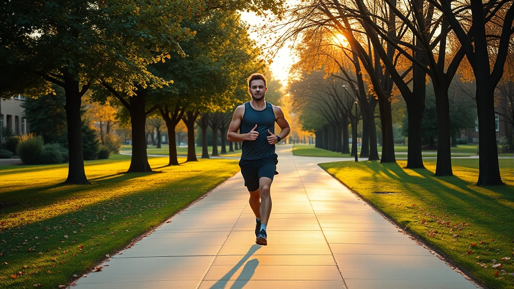 Fit person jogging on a tree-lined campus pathway during golden hour, athletic wear, focused expression, autumn foliage visible, natural outdoor fitness environment