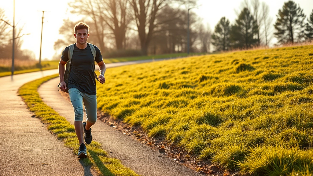 Young adult fitness walker on an inclined outdoor path during morning light, determined expression, proper athletic posture, varied terrain with grass and pavement, motivated energy