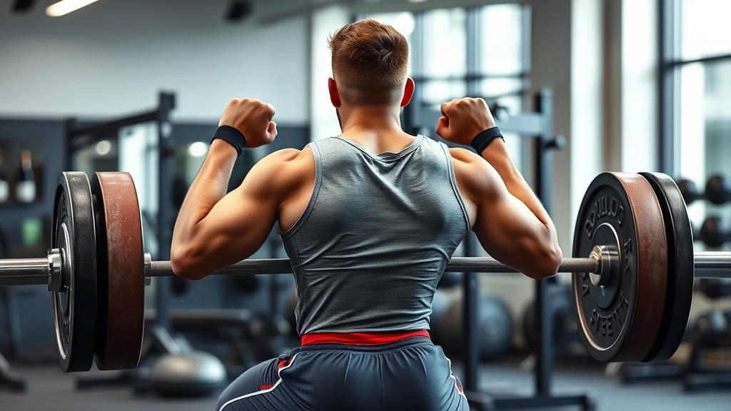 Athletic male high school football player performing heavy back squat with proper form in modern gym setting, focused expression, plates visible on barbell, professional lighting