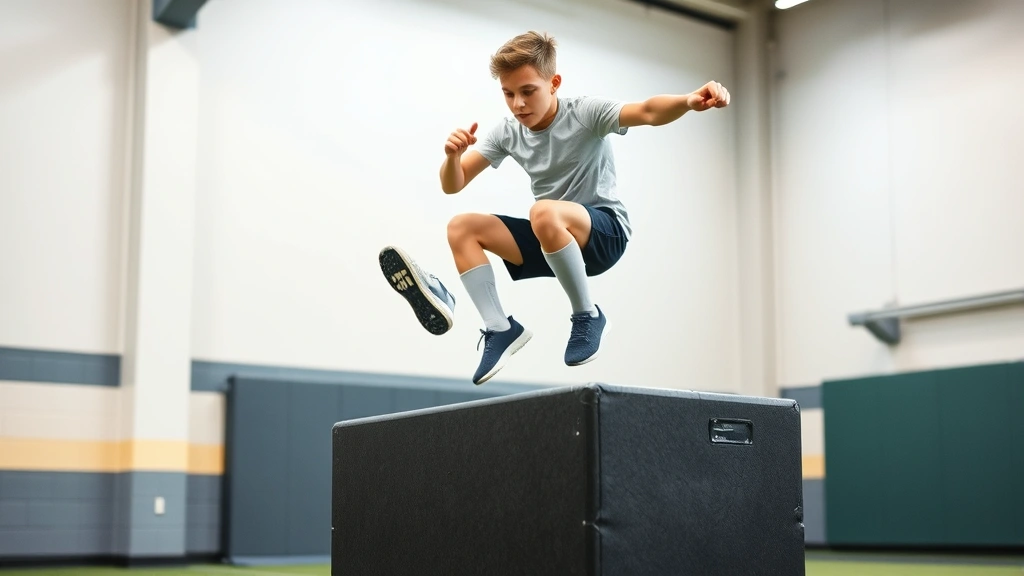 Young football player executing explosive box jump in training facility, mid-jump height, athletic shoes visible, determination on face, clean gymnasium background