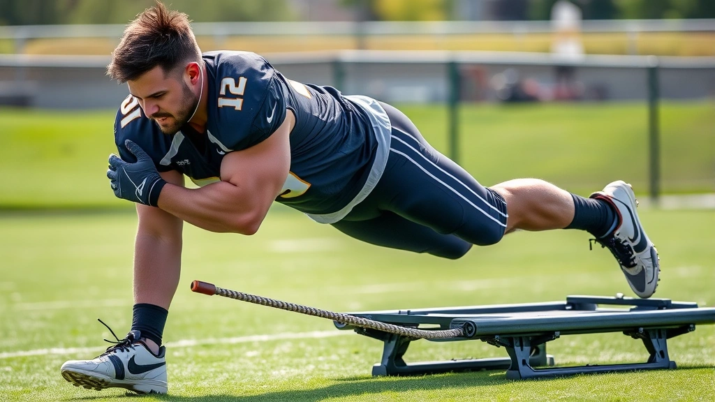 Football player performing sled push drill outdoors, pushing loaded sled with powerful leg drive, athletic wear, natural daylight, focused intensity expression