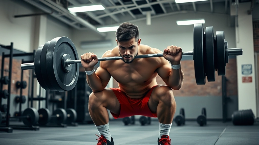 College football player performing explosive barbell squat in university weight room, muscular athlete mid-lift with intense focus, bright gym lighting