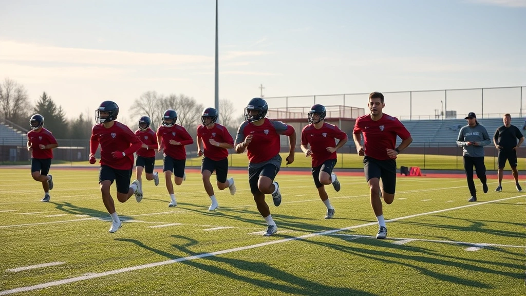 Group of football athletes running sprint drills on outdoor field during morning training session, athletic movement with coaches observing in background