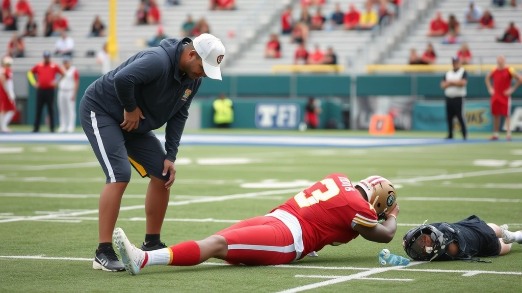 Athletic trainer assisting football player with stretching and mobility work on sideline, recovery and injury prevention in action