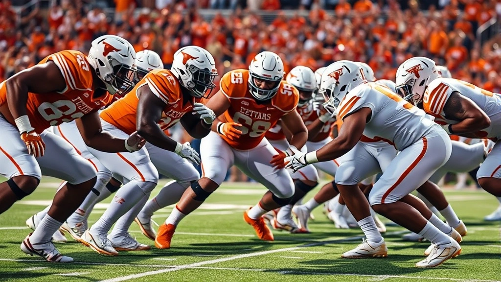 Powerful college football defensive line from Texas in defensive stance charging forward to disrupt offensive play, multiple defenders attacking line of scrimmage simultaneously, intense physical contact, bright stadium lighting, action photography