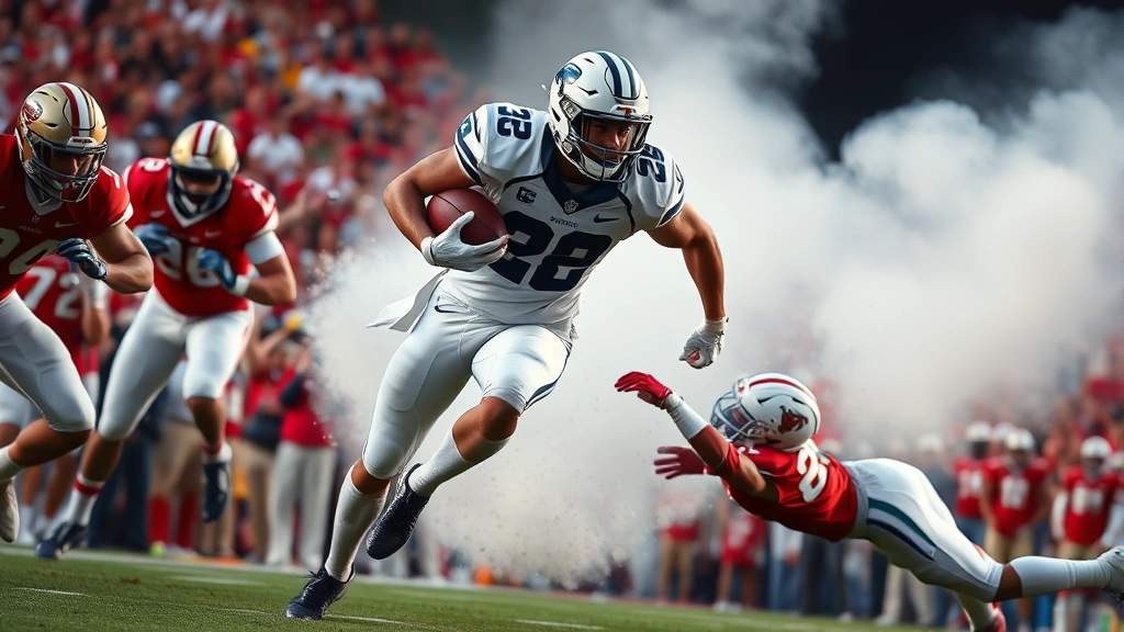 Championship-caliber college football running back breaking through offensive line gap, evading defender with powerful leg drive, football secure in hands, crowd energy visible, dynamic action shot capturing athletic explosion