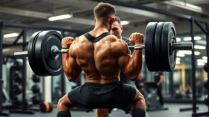 Muscular football player performing heavy barbell back squat in modern weight room with professional strength coach spotting, intense focused expression, proper form and posture, bright athletic facility lighting