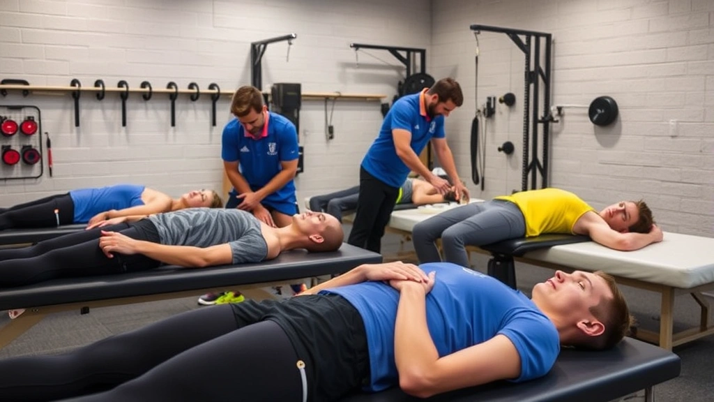 Athletes in recovery zone receiving soft tissue massage therapy and compression treatment, focused relaxation, professional sports medicine setting with recovery equipment visible, wellness atmosphere