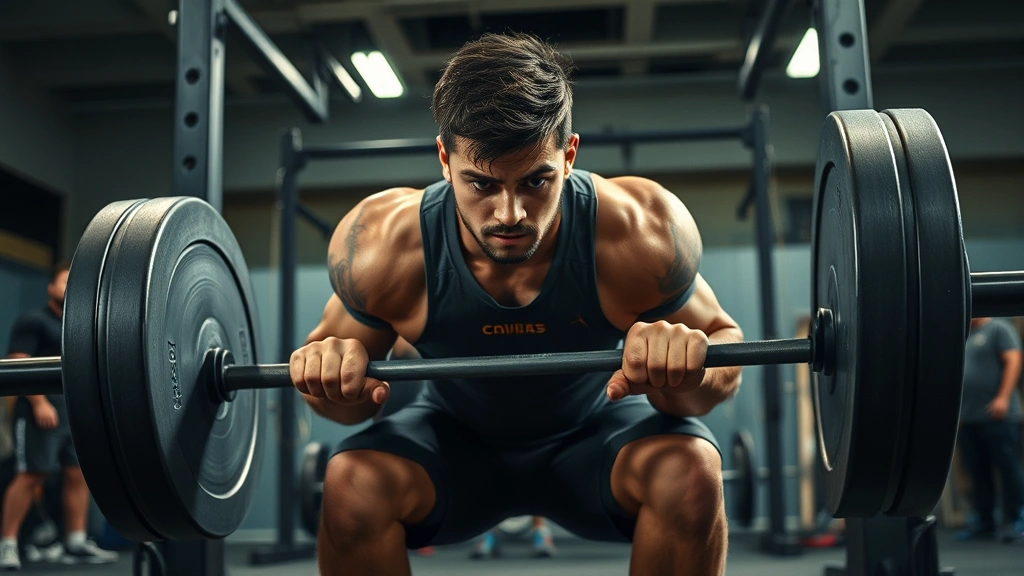 College football player performing heavy barbell squat with intense focus, sweat visible, professional gym lighting, spotters standing by, explosive power demonstrated