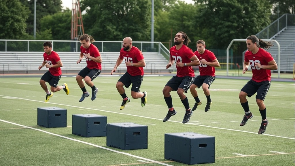 Group of football athletes performing high-intensity plyometric box jumps simultaneously, athletic field setting, explosive upward movement captured mid-jump, dynamic training intensity