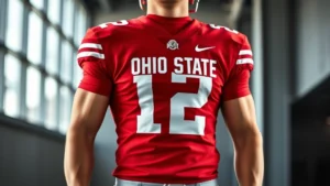 Fit athlete wearing scarlet Ohio State football jersey with white numbers, standing confidently in a well-lit modern space, showing jersey fit and quality details, photorealistic sports apparel photography
