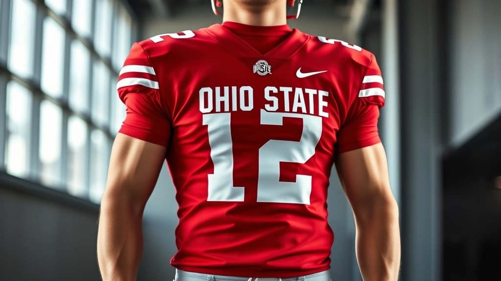 Fit athlete wearing scarlet Ohio State football jersey with white numbers, standing confidently in a well-lit modern space, showing jersey fit and quality details, photorealistic sports apparel photography