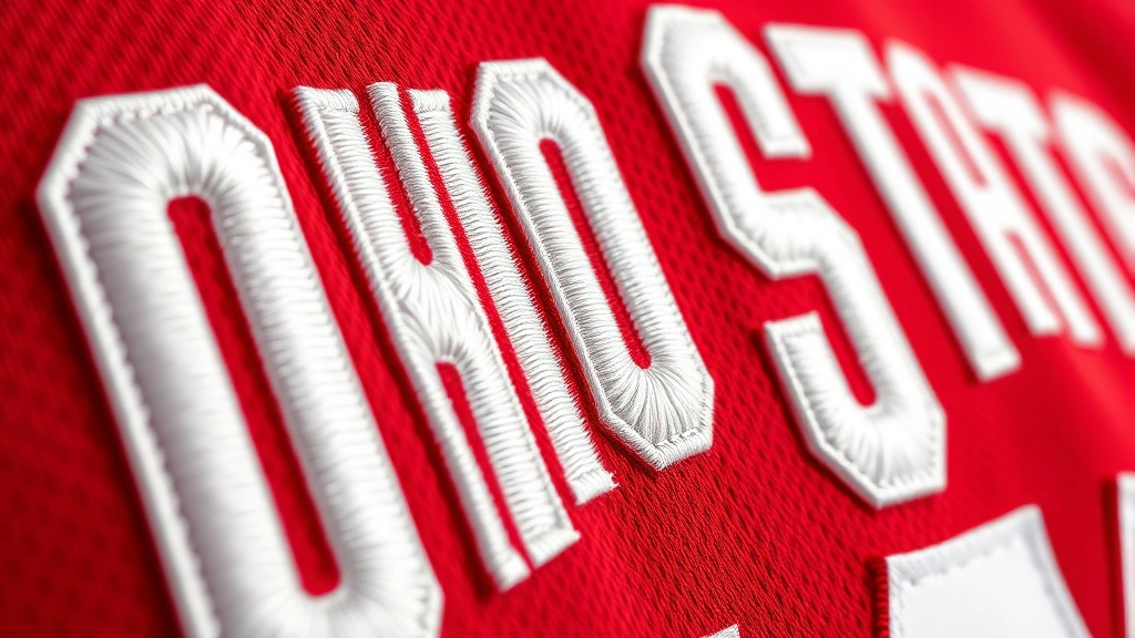 Close-up detail shot of professional embroidered Ohio State football jersey lettering and numbers, showing stitching quality and texture, vibrant scarlet color with white contrast, high-resolution merchandise photography