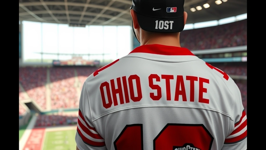 Fan wearing authentic Ohio State football jersey at a stadium game environment with natural lighting, jersey displayed prominently, showing real-world wear and appearance during game day celebration