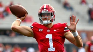 Muscular quarterback in red Ohio State uniform executing perfect throwing motion during practice, intense focus, stadium background blurred, sweat visible, professional athletic form