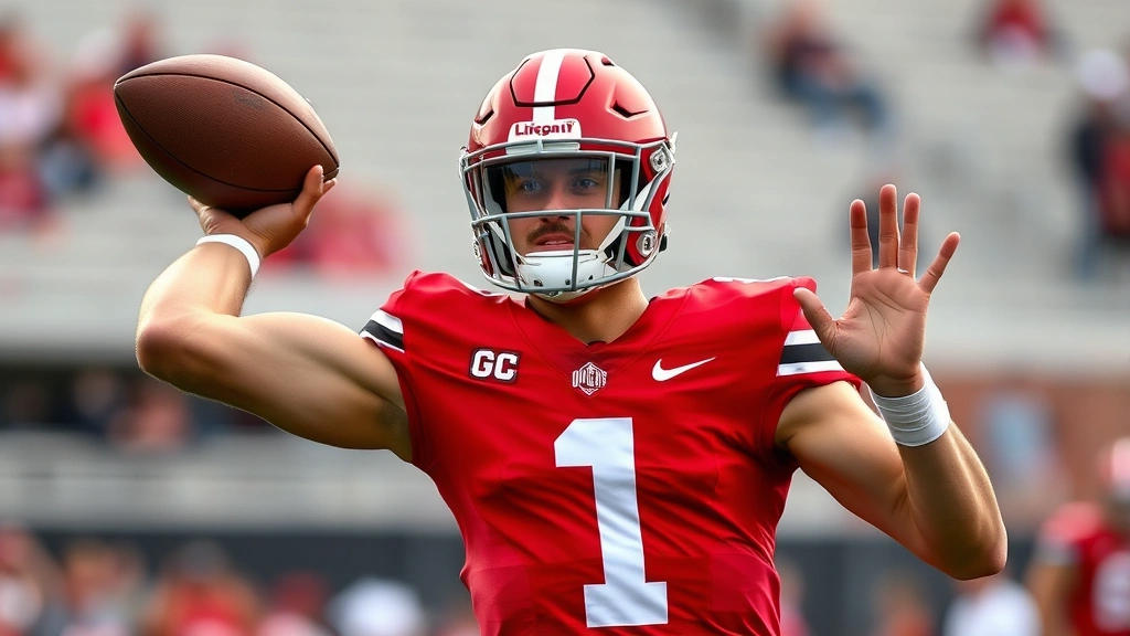 Muscular quarterback in red Ohio State uniform executing perfect throwing motion during practice, intense focus, stadium background blurred, sweat visible, professional athletic form