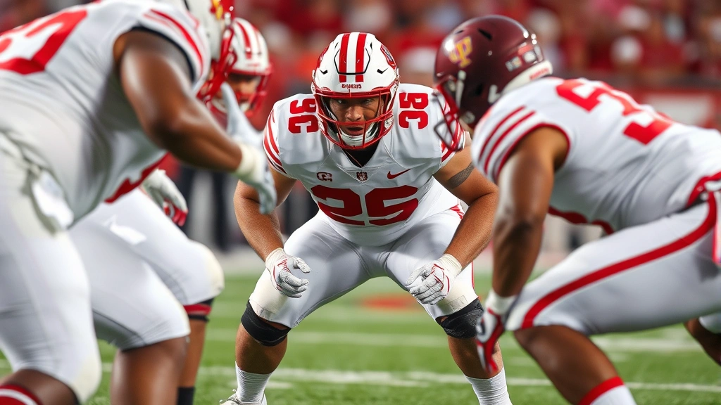 Defensive lineman in Indiana white uniform in aggressive low pad level stance against opponent, gap control positioning, explosive power ready, game action intensity, clear facial determination