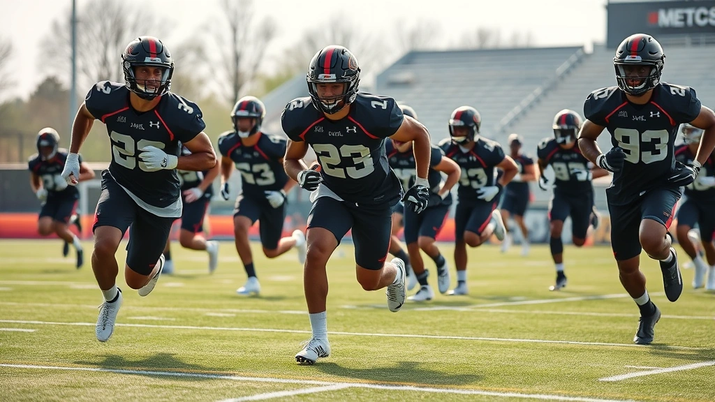 Elite college football players in conditioning drill performing explosive lateral shuffles on field during training session, peak athletic form, focused intensity, natural daylight, motivational team environment