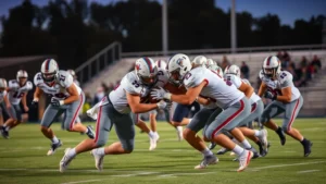 High school football players in full uniform executing a powerful tackle during evening game under stadium lights, intense focused expressions, collision in progress