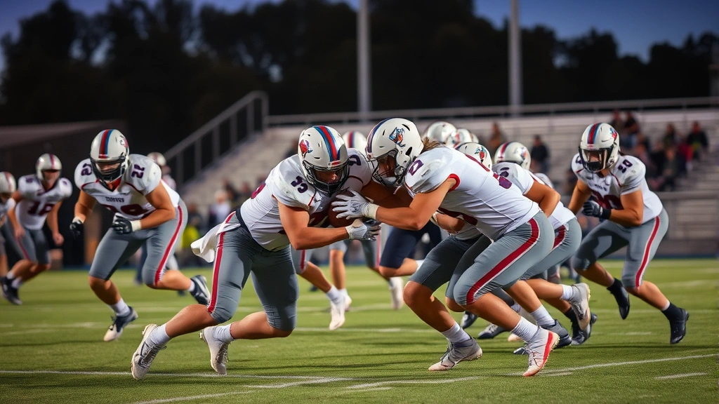 High school football players in full uniform executing a powerful tackle during evening game under stadium lights, intense focused expressions, collision in progress