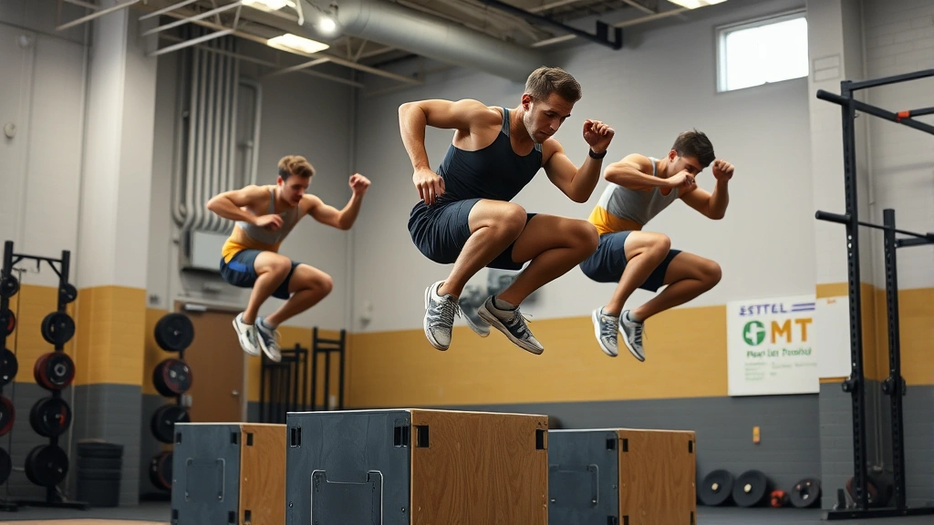 Athletes performing explosive plyometric box jumps in modern high school weight room, athletic wear, mid-jump form showing maximum power development, professional equipment