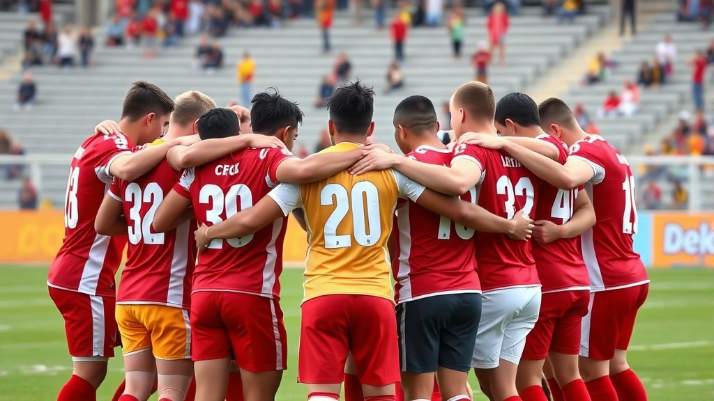 Football team huddled together showing unity and team bonding, players with arms linked, natural stadium background, authentic team chemistry moment