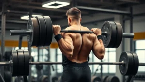 College football player performing heavy barbell back squat in professional weight room, muscular athlete concentrating intensely, plates loaded on bar, gym setting with professional lighting