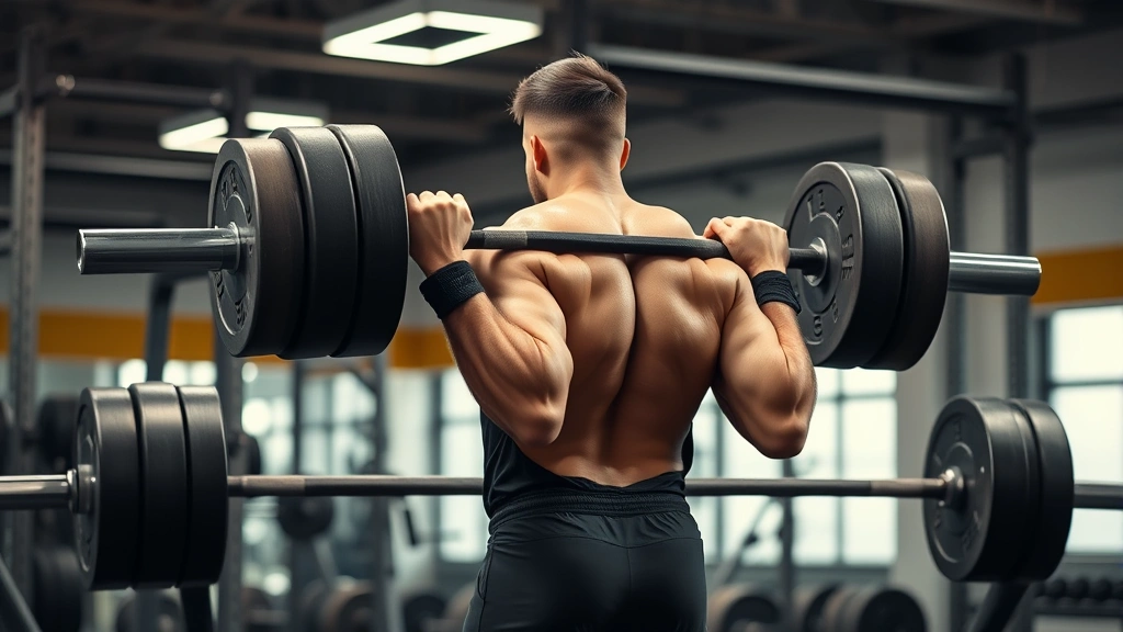 College football player performing heavy barbell back squat in professional weight room, muscular athlete concentrating intensely, plates loaded on bar, gym setting with professional lighting
