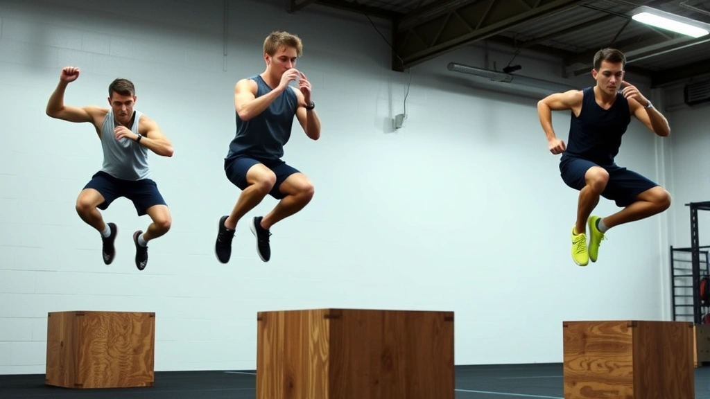 Athletes executing box jump plyometric exercise in indoor training facility, multiple players mid-jump showing explosive power and athletic form, wooden boxes visible, athletic wear, focused expressions