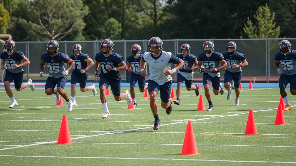 Football players performing speed and agility drill work, cone weaves and change-of-direction training, outdoor practice field with yard markers, athletes sprinting with intensity and precision