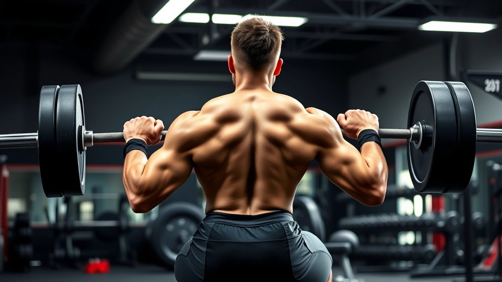 College football athlete performing heavy barbell back squat with proper form in professional gym setting, muscular physique, intense focus, bright training facility lighting