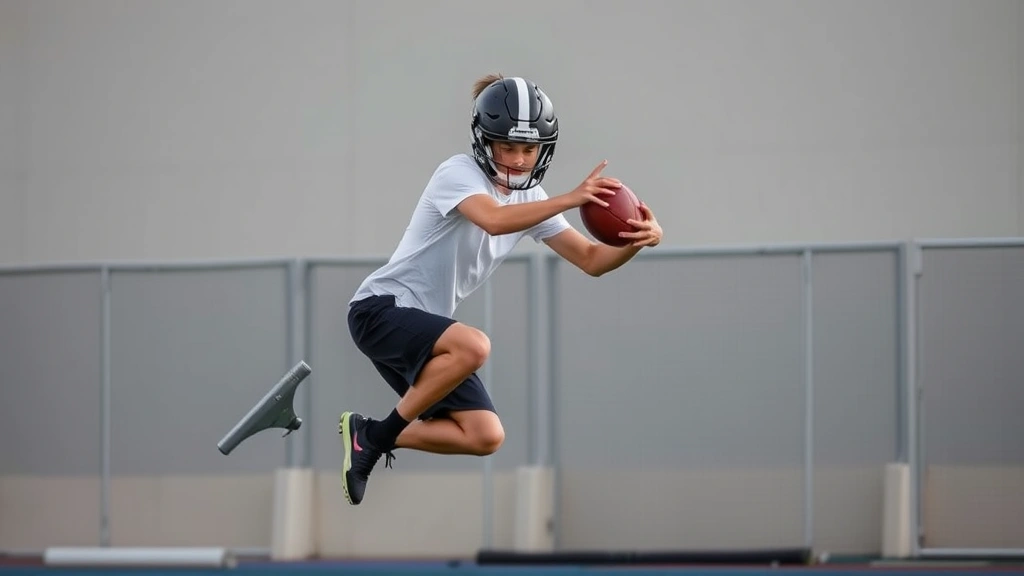 Young football player executing explosive vertical jump during plyometric training, athletic wear, outdoor or indoor training facility, dynamic movement captured mid-flight