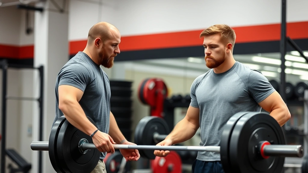Strength coach instructing college football athlete on Olympic weightlifting technique, clean and jerk movement, professional training environment, mentorship and coaching demonstration