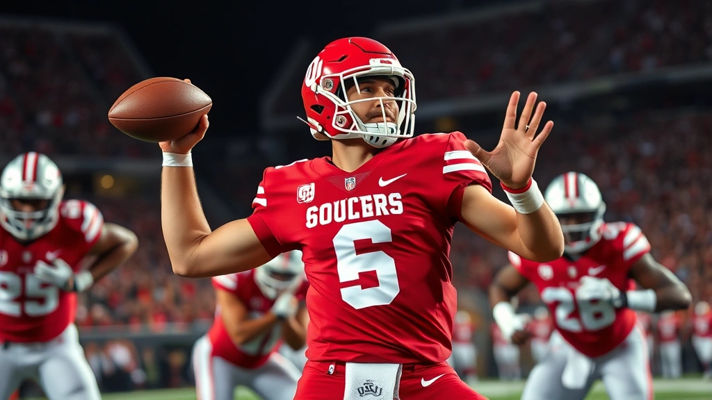 Elite college football quarterback in red Oklahoma Sooners uniform executing perfect throwing mechanics during high-pressure game situation with defensive linemen approaching, stadium lights illuminating athletic form and concentration