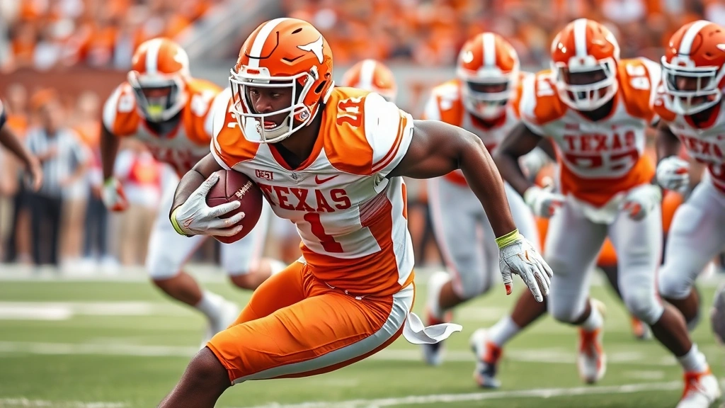 Powerful running back in burnt orange Texas Longhorns uniform breaking through offensive line with explosive lower body drive, demonstrating athletic strength and determination while gaining yards in championship-caliber game environment