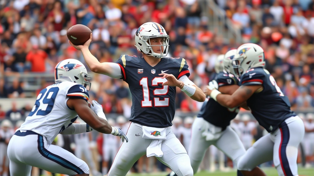 College football quarterback mid-throw against aggressive defense, stadium crowd blurred background, action shot capturing athletic movement and concentration