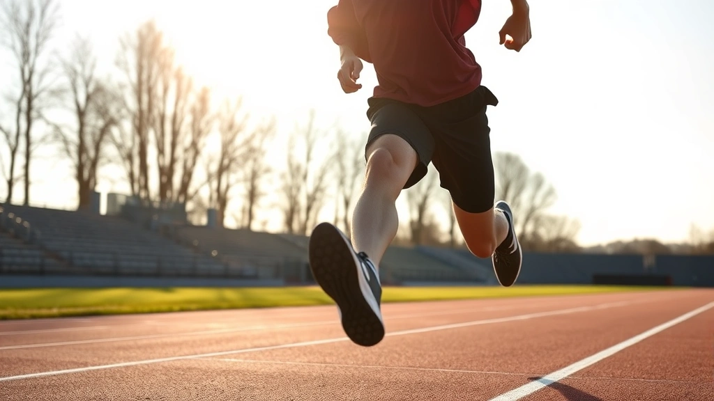 Athlete performing high-intensity sprint intervals on outdoor track, maximum effort expression, sprinting away from camera, professional running form, morning sunlight, athletic wear