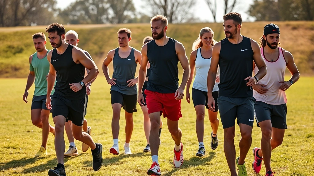 Group of athletes performing recovery walk between intense efforts, walking casually outdoors on grass field, relaxed body language, various athletic apparel, natural sunlight, genuine conversation