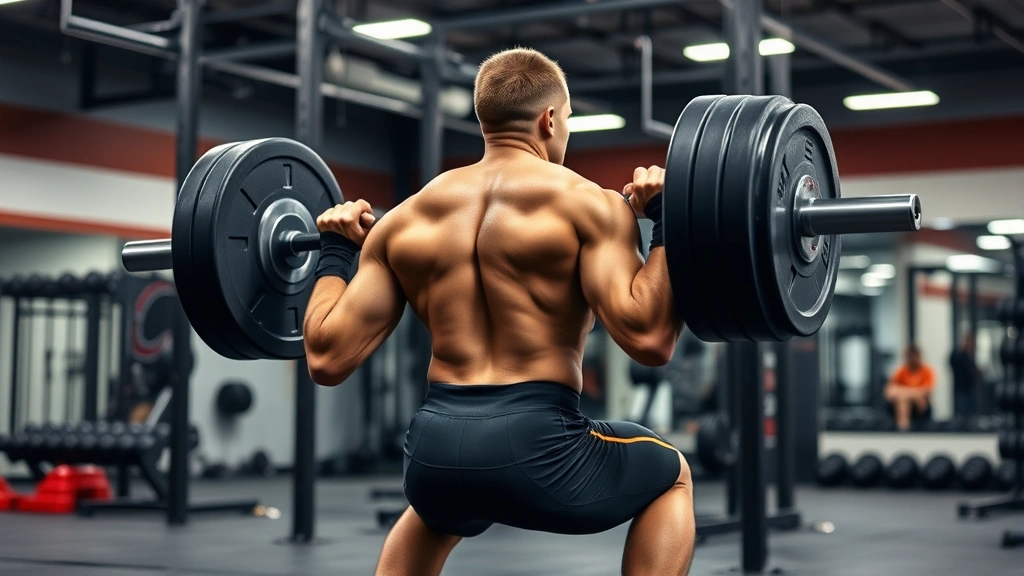 Professional football player performing heavy barbell back squat in modern strength training facility with focused intensity and proper form during off-season power development